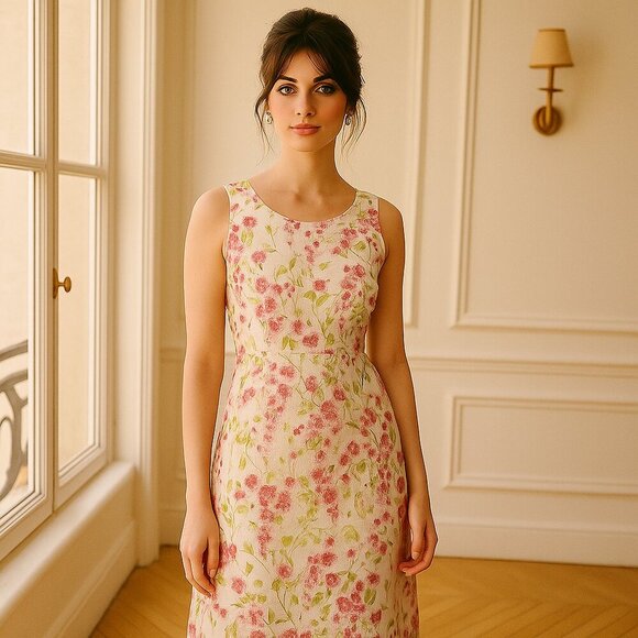 Leggiadro Matelasse Silk Floral Dress Sleeveless Midi Dress White Pink - Picture 14 of 14